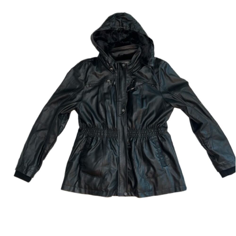 Cavalini Black Vegan Leather Faux Fur Lined Fitted Coat Size 3X Removable Hood